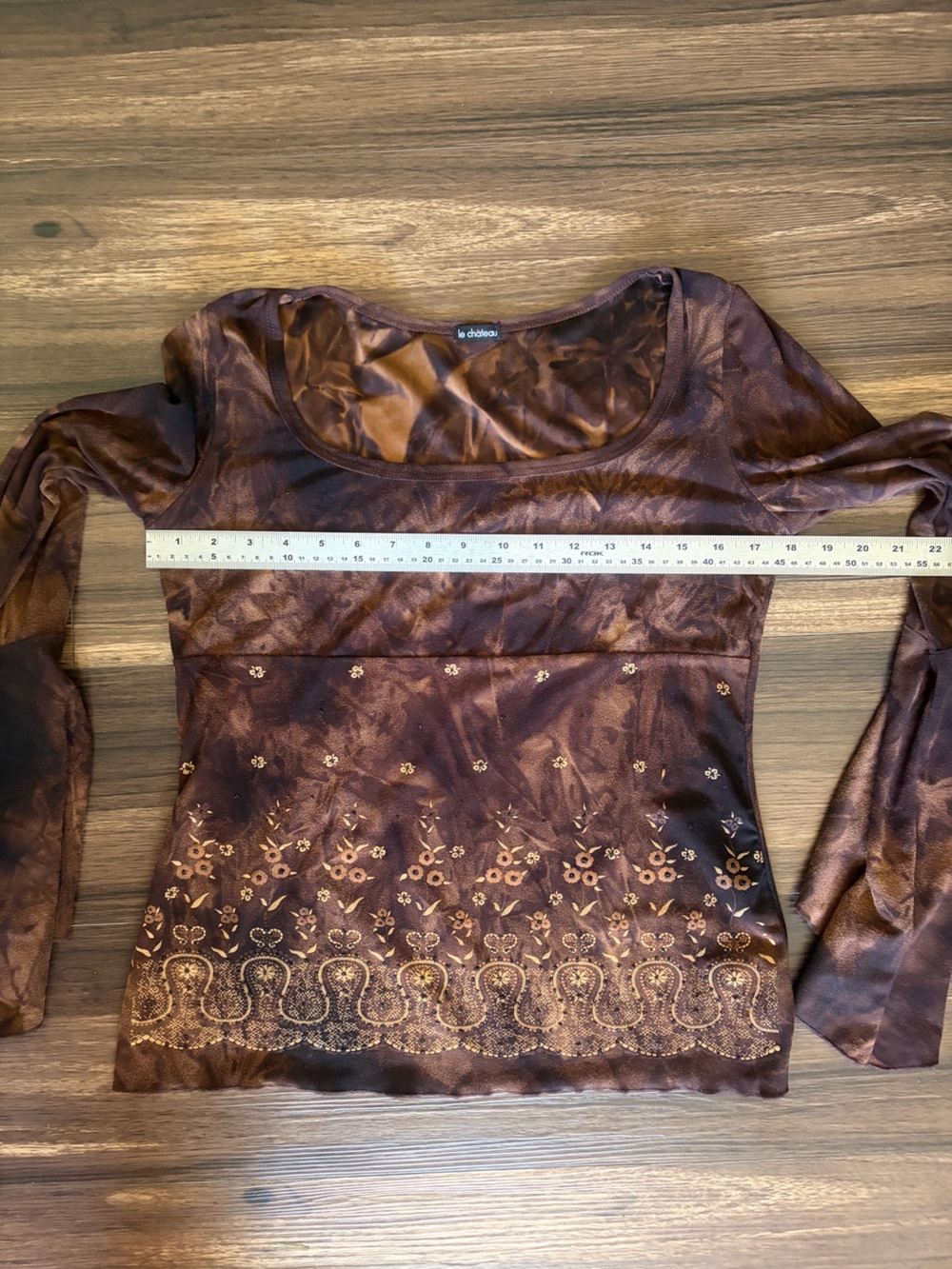 Y2K Brown Floral Embroidered Bell Sleeve Long Sleeve Top - Picture 10 of 14